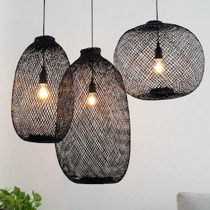 Black Bamboo Pendant Light Natural Woven Fish Trap Basket Hanging Wood Lampshade Basket Shapeable Round Asian Restaurant Wedding Lighting image 1