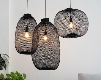 Black Bamboo Pendant Light - Natural Woven Fish Trap Basket Hanging Wood Lampshade Basket Shapeable Round Asian Restaurant Wedding Lighting