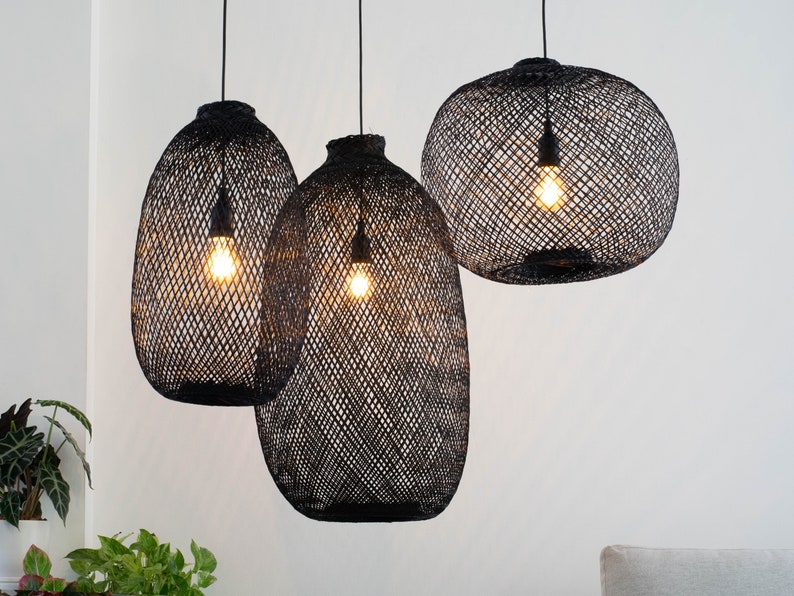 Black Bamboo Pendant Light Natural Woven Fish Trap Basket Hanging Wood Lampshade Basket Shapeable Round Asian Restaurant Wedding Lighting image 1