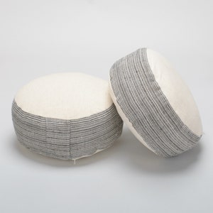Hill Tribe x Hemp Kapok Filled Zafu Small Ottoman Pouf Pouffe Round Meditation Cushion Floor Pillow Circle Hmong Fabric Oatmeal Cream Stripe