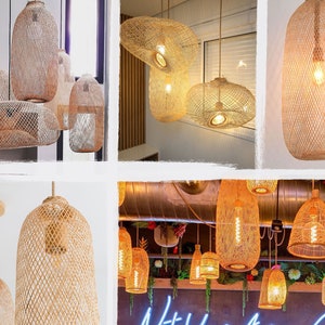 Lámpara colgante de bambú tejida, lámpara de madera hecha a mano, colgante, trampa de pesca reutilizada, cesta, restaurante, iluminación de boda, rústico natural imagen 4