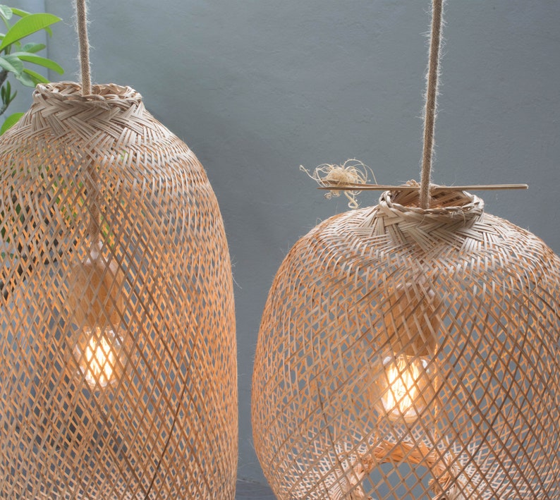 Bamboe hanglamp handgemaakte houten hanglamp, hangende hergebruikte visvalmand, hangende natuurlijk geweven E27 Boho rustieke lampwereld afbeelding 2