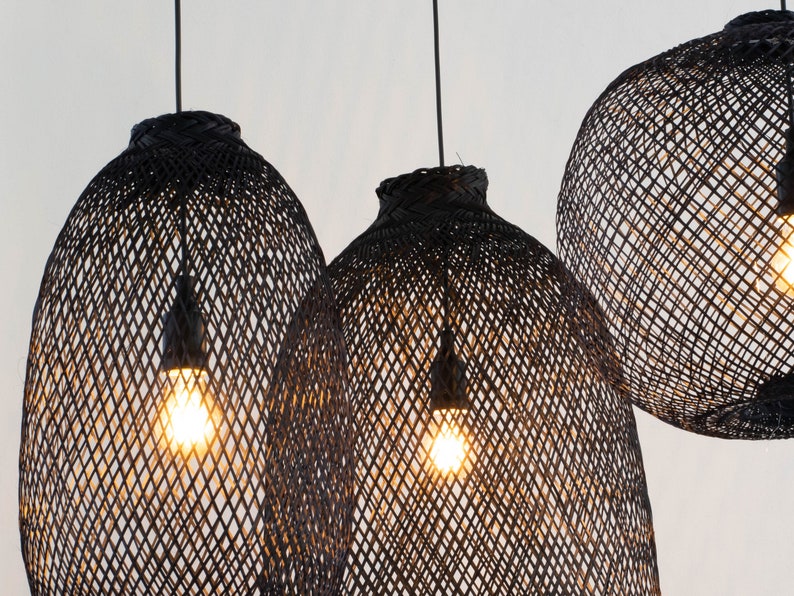 Black Bamboo Pendant Light Natural Woven Fish Trap Basket Hanging Wood Lampshade Basket Shapeable Round Asian Restaurant Wedding Lighting image 3