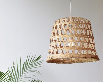 Natural Bamboo Light - Handmade Bamboo Pendant Lamp / Hanging Repurposed Hill Tribe Cabbage Basket, Wooden Lamp Woven Tribe Boho Rustic Lamp