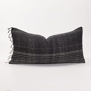 Woven Ethnic Fabric Throw Pillow Cushion w/ Tassel, Distressed Black Lumbar Pillow White Stripes, Soft Cotton Weave, Kapok Pillow Insert
