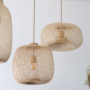 Bamboe hanglamp handgemaakte houten hanglamp, hangende hergebruikte visvalmand, hangende natuurlijk geweven E27 Boho rustieke lampwereld afbeelding 3