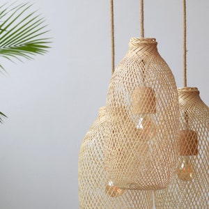 Cluster Set 3 Bamboo Pendants Single Canopy Ceiling Plate Hardwire Woven Fishing Trap Light Restaurant Wedding Rustic White Black Wood imagem 8
