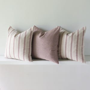 3 x Cushion Set, Pastel Red Striped Pillow Case, Oatmeal, Beige, Red Accent Throw Cushion Covers, Cotton Linen, Kapok Insert, Farmhouse