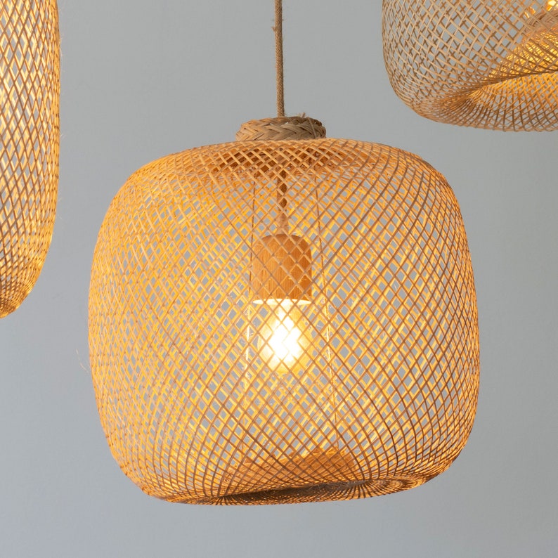 Bamboo Pendant Light Handwoven Lamp Shade Hanging Fishing Trap Basket Flexible Natural Wood Swag Rope Wedding Restaurant Event Lighting image 7