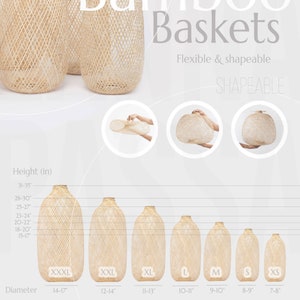Pu&ograve; includere: Un set di sette cesti in bamb&ugrave; intrecciato di diverse dimensioni, che vanno da extra extra large a extra small. I cesti sono realizzati in bamb&ugrave; naturale e hanno un colore marrone chiaro. I cesti sono flessibili e modellabili, e sono perfetti per riporre oggetti o esporre piante. I cesti sono etichettati con la loro dimensione e il loro diametro in pollici.
