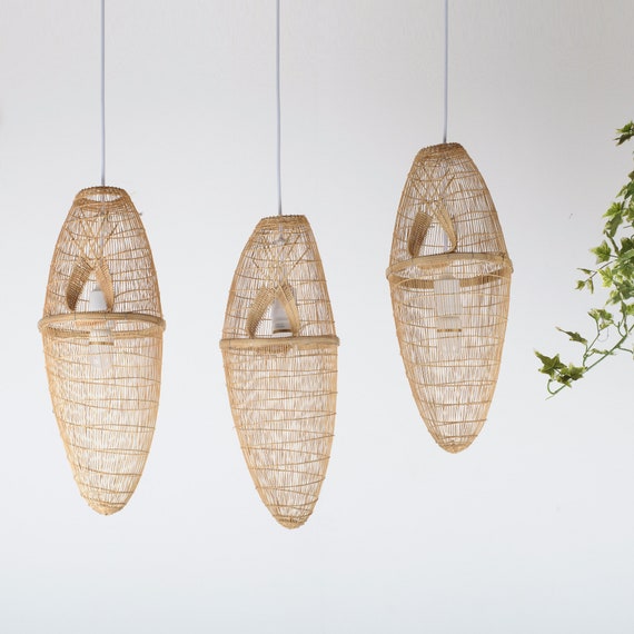Bamboo Pendant Light Handmade Wooden Lamp Hanging Repurposed Fishing Trap  Basket Swag or Canopy Restaurant Lampshade Natural Woven Rustic 