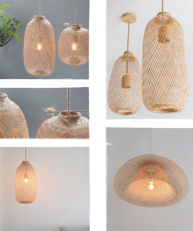 Handwoven Bamboo Rattan Pendant Light, Wicker Shade, Flexible Natural Wood Basket, Rustic Farmhouse Lighting, Canopy Kit or Plug In Swag Kit image 2