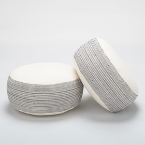 Hill Tribe Hemp Kapok Filled Zafu Small Ottoman Pouf Pouffe Round Cushion Floor Pillow Circle Hmong Fabric Blue Oatmeal Tan Black Striped