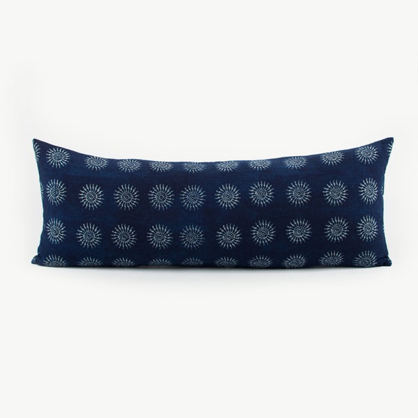 12x32" - Hill Tribe Indigo Cushion Long Lumbar Pillow Hmong Textile Batik Fabric Dark Blue White Weave Woven Ethnic Rustic Kapok Insert