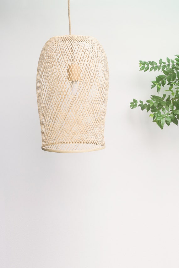 Natural Bamboo Light Handmade Woven Pendant Lamp / Hanging Repurposed Asian Fishing  Trap Basket, Wooden Lamp Restaurant Rustic Thai Weave 