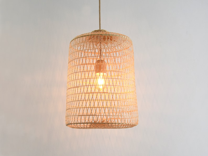 Large Fishing Trap Bamboo Light Handmade Woven Pendant Lamp / Hanging Repurposed Asian Natural Basket Wood Rope White Restaurant Rustic image 1