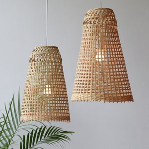 Repurposed Fishing Trap Basket Bamboo Pendant Light Handmade Cone Shaped Wooden Pendant Lamp, Hanging Natural Woven Rustic Asian Lampshade image 5