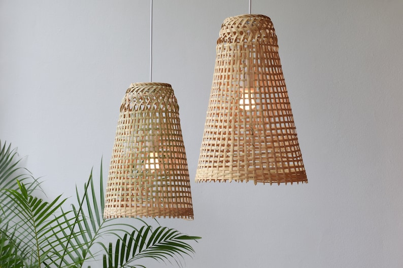 Repurposed Fishing Trap Basket Bamboo Pendant Light Handmade Cone Shaped Wooden Pendant Lamp, Hanging Natural Woven Rustic Asian Lampshade image 5