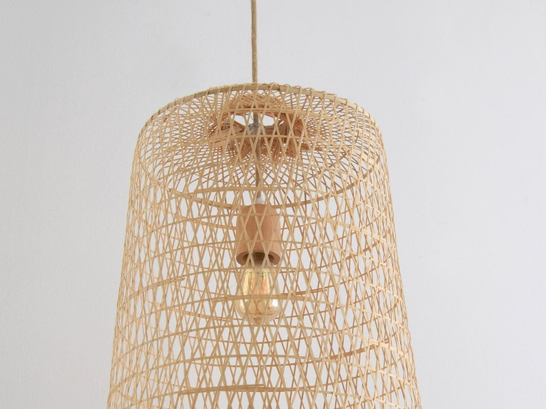 Large Fishing Trap Bamboo Light Handmade Woven Pendant Lamp / Hanging Repurposed Asian Natural Basket Wood Rope White Restaurant Rustic image 3