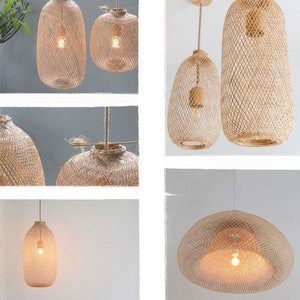 May include: Several woven pendant lights in various shapes and sizes. The lampshades are made of natural-colored woven material, with a light bulb visible inside each one. The lights are suspended from the ceiling by cords.