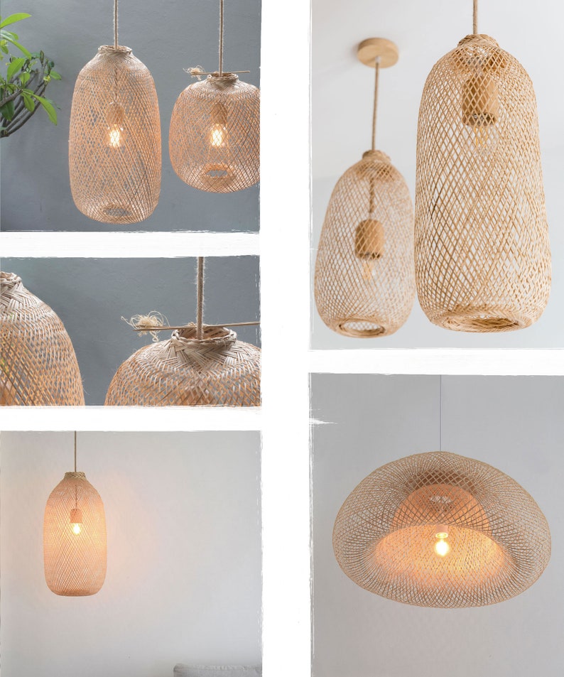 May include: Several woven pendant lights in various shapes and sizes. The lampshades are made of natural-colored woven material, with a light bulb visible inside each one. The lights are suspended from the ceiling by cords.