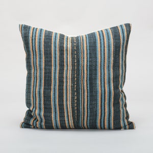 Handwoven Hill Tribe Hemp & Cotton Throw Pillow Cushion Cover 18x18&quot; Tribal Blue Cream Grey Gray Orange Pastel Textile Striped Weave Stitch