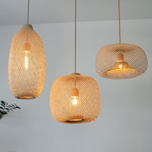 Bamboo Pendant Lamp Handwoven Light Shade Hanging Fish Trap Basket Flexible Natural Wood Wedding Restaurant Lighting Canopy or Swag Plug image 6