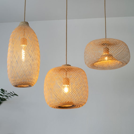 Bamboo Pendant Light Handwoven Lamp Shade Hanging Fishing Trap Basket  Flexible Natural Wood Swag Rope Wedding Restaurant Event Lighting 