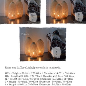 May include: A set of five woven bamboo lamps in various sizes, with the measurements for each size listed below. The lamps are lit and casting a warm glow. Sizes may differ slightly as each is handmade. XXXL - Height: 31-35in/78-88cm || Diameter: 14-17in/35-45cm XXL - Height: 28-30in/70-76cm || Diameter: 12-14in/30-35cm XL - Height: 25-27in/63-69cm || Diameter: 11-13in/28-33cm L - Height: 23-24in/58-61cm || Diameter: 10-12in/25-30cm M - Height: 20-22in/50-55cm || Diameter: 9-10in/22-25cm S - Height: 18-20in/45-50cm || Diameter: 8-9in/20-23cm XS - Height: 15-17in/38-45cm || Diameter: 7-8in/17-20cm