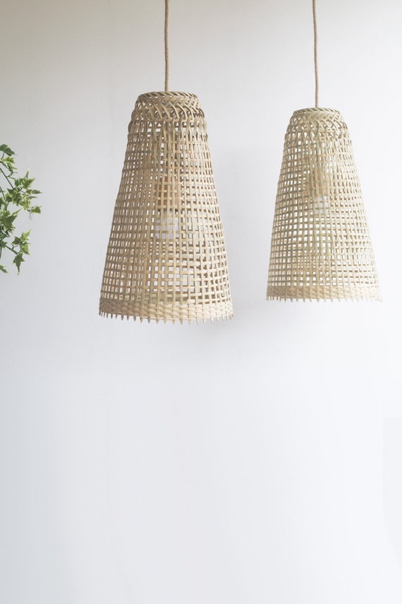 Repurposed Fishing Trap Basket Bamboo Pendant Light Handmade Cone Shaped  Wooden Pendant Lamp, Hanging Natural Woven E27 E26 Rustic Lampshade 
