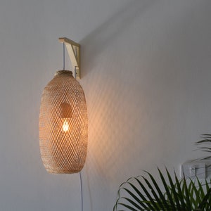 Plug In Wall Mounted Pendant - Bamboo Pendant Lamp Fishing Trap Switch Sconce Wood Boho Lampshade Aspen Bracket Hanging Natural All Region