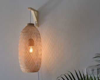 Plug In Wall Mounted Pendant - Bamboo Pendant Lamp Fishing Trap Switch Sconce Wood Boho Lampshade Aspen Bracket Hanging Natural All Region