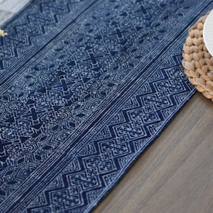 Custom Length Hill Tribe Indigo Batik Table Runner - Handwoven Cotton, Dark Blue, Navy, White, Straight / V Tapered, Rustic Farmhouse Dining