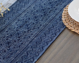 Custom Length Hill Tribe Indigo Batik Table Runner - Handwoven Cotton, Dark Blue, Navy, White, Straight / V Tapered, Rustic Farmhouse Dining