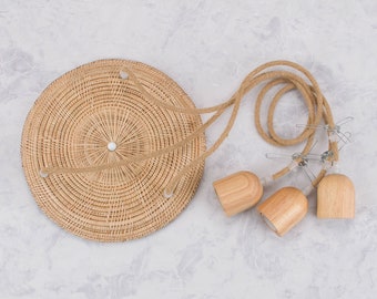 Rattan Triple Pendant Light Canopy – Rope & Wood, White, Black, Hardwired