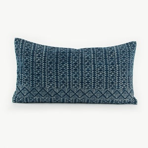 Hill Tribe Handspun Hmong Pillow Lumbar Cushion Cover 13x24&quot; White Blue Rustic Ethnic Tribal Indigo Batik Optional Kapok Filling Insert