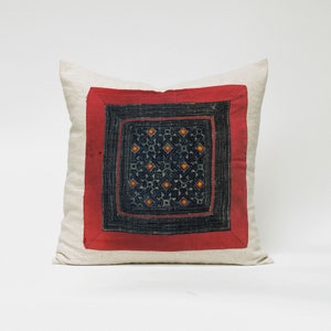 Rare Vintage Hill Tribe Hemp Cushion - Indigo Batik Throw Pillow / Cushion Cover 20x20" Blue Oatmeal Rustic Natural Patch Textile Rustic