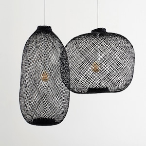 Black Bamboo Pendant Light Natural Woven Fish Trap Basket Hanging Wood Lampshade Basket Shapeable Round Asian Restaurant Wedding Lighting image 2