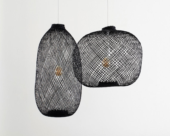 Black Bamboo Pendant Light Natural Woven Fish Trap Basket Hanging