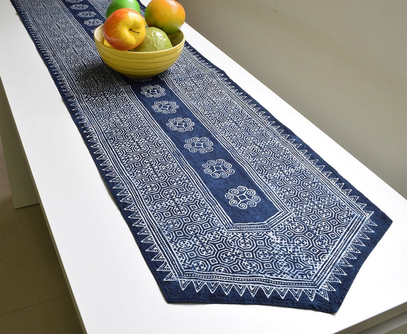 Handwoven Hmong Indigo Batik Table Runner Handwoven Hill Tribe Cotton TableRunner, Traditionally Indigo Plant Dyed Rustic, Ethnic Home image 1