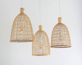 Set of 3 - Wide Bamboo Pendant Light - Natural Lampshade Lamp Hanging Basket Woven Wood White Black Rope Cable Restaurant Wedding Lighting