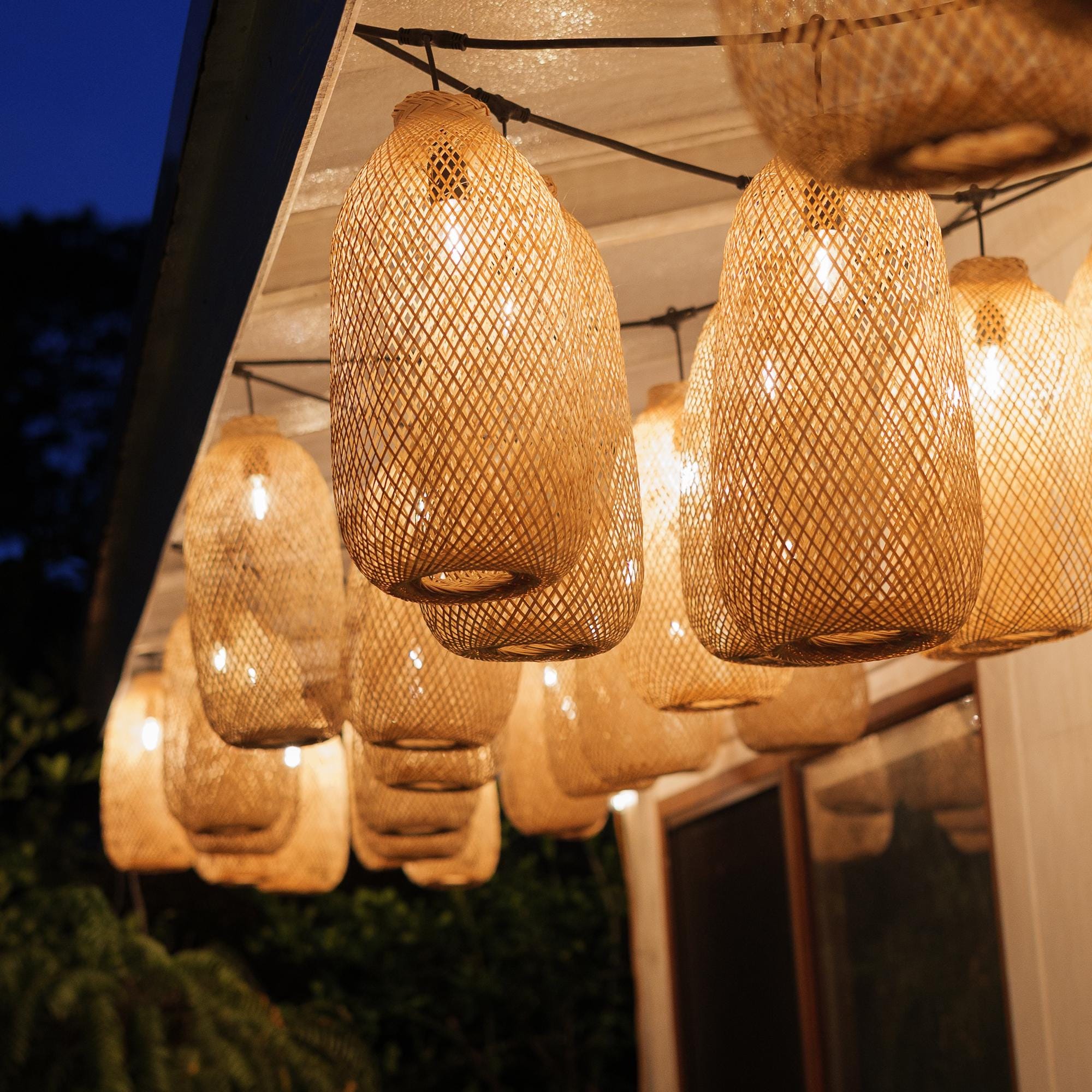String Light Wicker Bamboo Pendant String Lights – Weatherproof Outdoor Garden Lighting ...