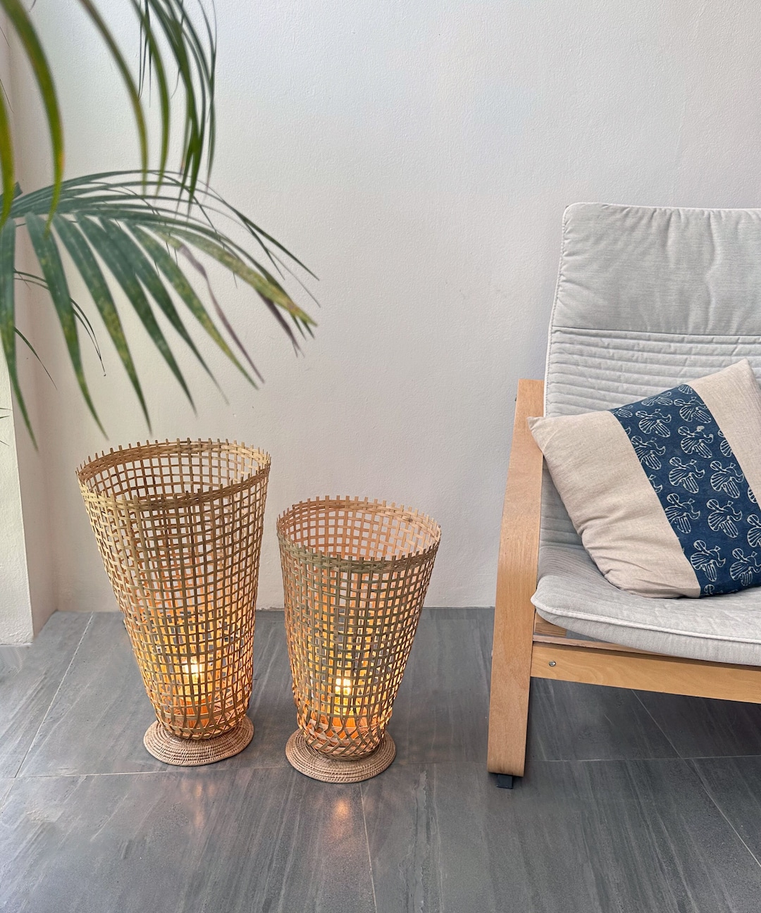 Woven Bamboo Standing Lamp Rustic Wooden Cone Large Tall Rattan Plug in