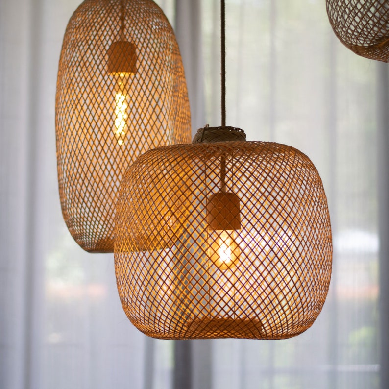Bamboo Pendant Lamp Handwoven Light Shade, Flexible Fish Trap Basket, Restaurant Lighting Natural Wood