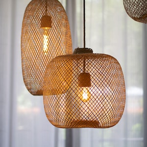 Bamboo Pendant Light Handwoven Lamp Shade Hanging Fishing Trap Basket Flexible Natural Wood Swag Rope Wedding Restaurant Event Lighting image 6
