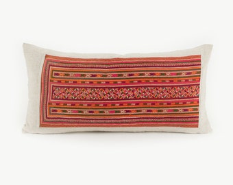 Hill Tribe Textile Lumbar Pillow Cushion Handwoven Tribal Fabric Striped Colorful Dress Patch Orange Flower Hmong Embroidered Hemp #IDPA