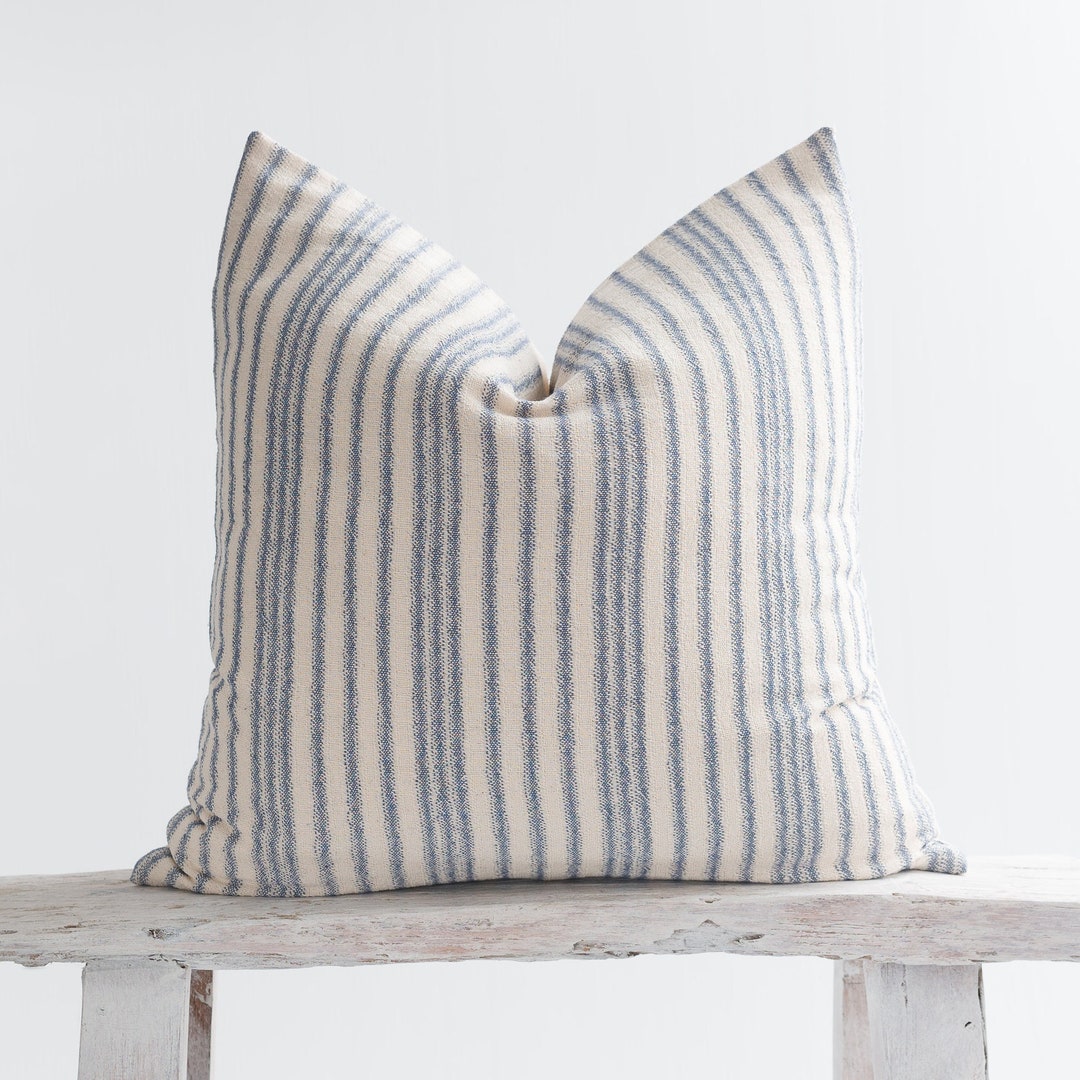 Rustic off White Blue Striped Throw Pillow Cushion Cover, Thick