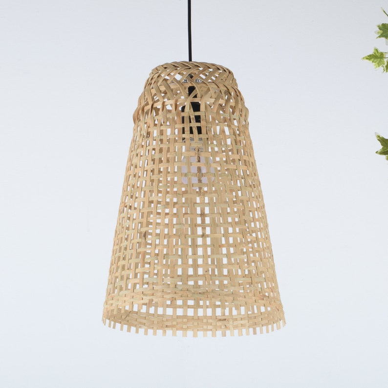 Repurposed Fishing Trap Basket Bamboo Pendant Light Handmade Cone Shaped Wooden Pendant Lamp, Hanging Natural Woven Rustic Asian Lampshade image 6