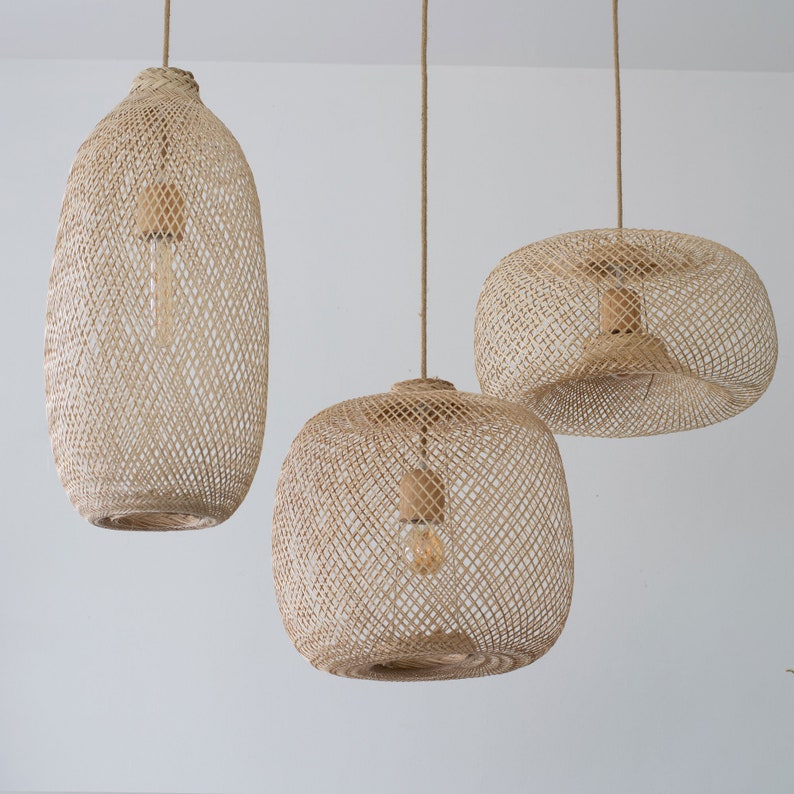 Bamboo Pendant Lamp Handwoven Light Shade Hanging Fish Trap Basket Flexible Natural Wood Wedding Restaurant Lighting Canopy or Swag Plug image 5