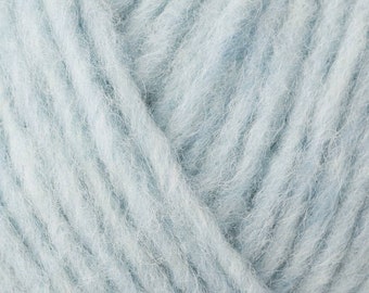 May include: A close-up of a skein of light blue yarn. The yarn is soft and fluffy, and it has a slightly textured appearance.